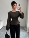 solid Color Boat Neck Long Sleeve Waist-Cinching Flared Top
