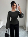 solid Color Boat Neck Long Sleeve Waist-Cinching Flared Top