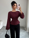 solid Color Boat Neck Long Sleeve Waist-Cinching Flared Top