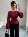 solid Color Boat Neck Long Sleeve Waist-Cinching Flared Top