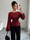 solid Color Boat Neck Long Sleeve Waist-Cinching Flared Top
