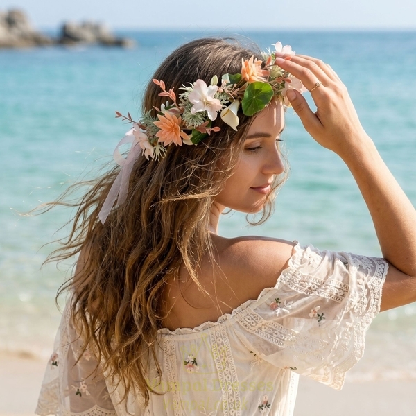 floral Wreath Ribbon Headband Handmade Bridal Hair Accessory