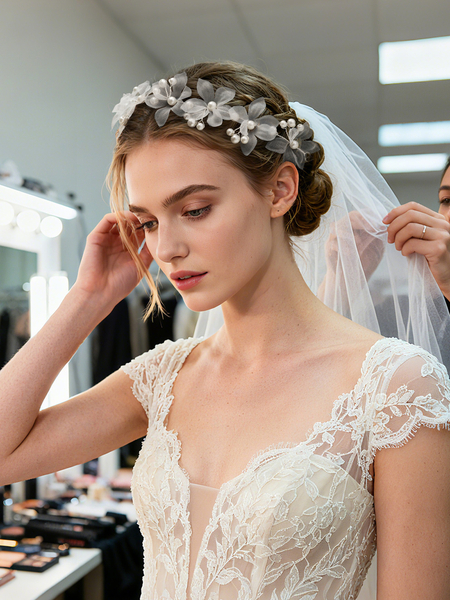 white Floral Pearl Bridal Headband Wedding Veil Accessory