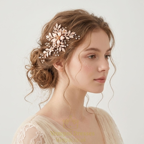 gold versatile hair clip HS-J7122G handmade Forest Style Branch Leaf Pearl Hair Clip For Women