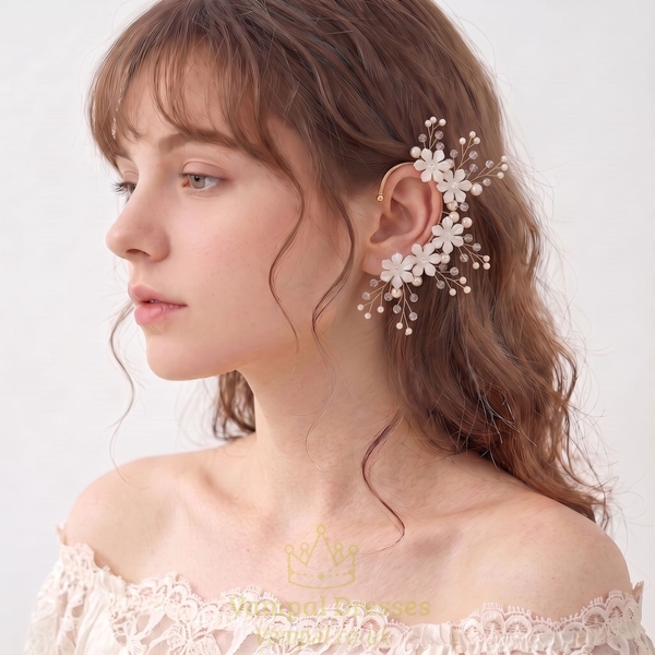 sweet Floral Pearl Ear Cuff handmade Pearl Rhinestone Flower Earrings Forest Style Bridal Clip-On