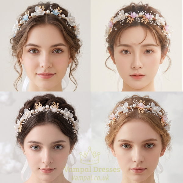 handmade Beaded Bridal Headband With Golden Leaf And Pearl Flower