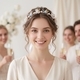 handmade Beaded Bridal Headband With Golden Leaf And Pearl Flower