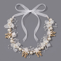handmade Beaded Bridal Headband With Golden Leaf And Pearl Flower