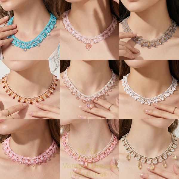 colorful Rice Bead Woven Necklace With Multi-Layer Lace Choker