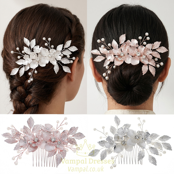 vintage Pearl Rhinestone Hair Comb With 3D Alloy Flower