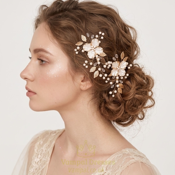 gold flower beaded duckbill clip handmade Pearl Gold Flower Duckbill Clip Bridal Hair Accessory