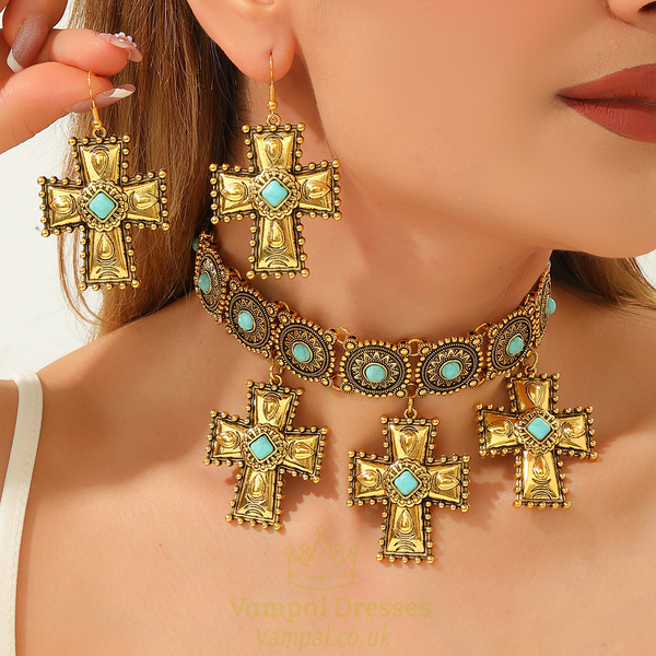 retro Cross Necklace And Earring Set For Women