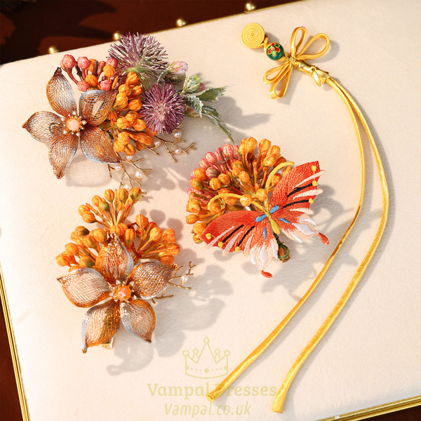 gold four-piece set gold Filigree Flower Hair Clip Set Wedding Bridal Accessory