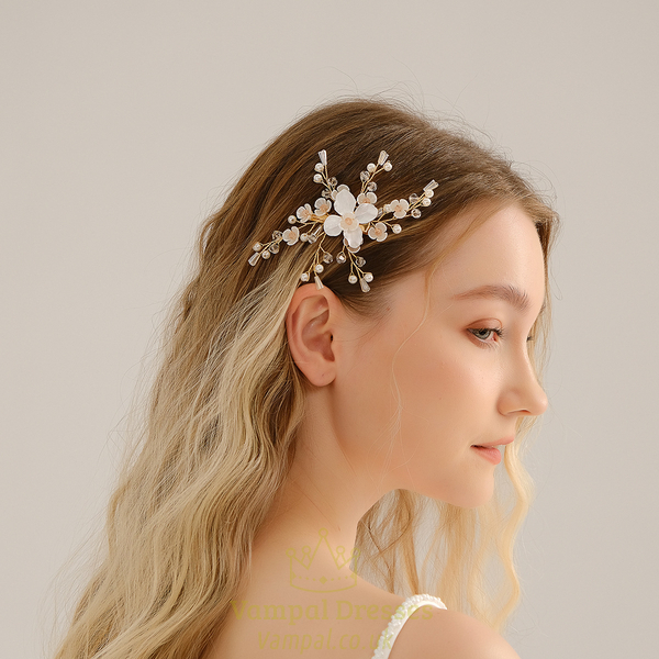 gold HS-J6608G handmade Crystal Flower Bridal Hair Clip