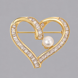 Copper Zircon Heart Pearl Brooch Brs-J430g