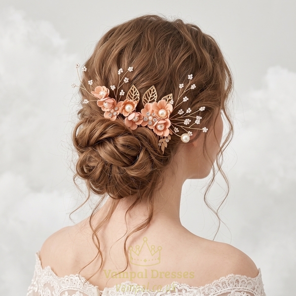 gold Leaf Pink Flower Hair Bun Comb Handmade Bridal Accessory