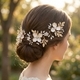gold forest-style light luxury floral leaf headband handmade Rhinestone Pearl Bridal Hair Comb Set