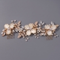 gold forest-style light luxury floral leaf headband handmade Rhinestone Pearl Bridal Hair Comb Set