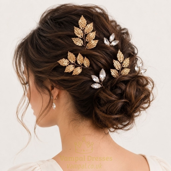 gold Leaf Rhinestone Hairpin Set HS-J5907 minimalist Metal Leaf Rhinestone U-Shaped Hairpin Set
