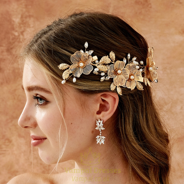 hS-J7290G (3-pack) handmade Gold Wire Petal Flower Hair Clip Vintage Forest Style Wedding Headpiece