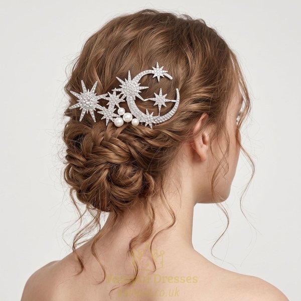 light Luxury Rhinestone Star Moon Hair Comb HS-J7432S starry Moon Rhinestone Pearl Bridal Hair Comb