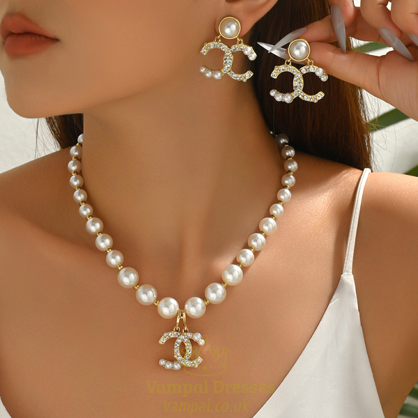 light Luxury Geometric Diamond Necklace And Earrings Set With Long Pearl Chain
