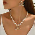 light Luxury Geometric Diamond Necklace And Earrings Set With Long Pearl Chain