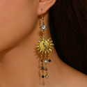vintage Sun Crescent Tassel Earrings With Diamond Studs