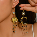 vintage Sun Crescent Tassel Earrings With Diamond Studs