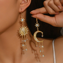 vintage Sun Crescent Tassel Earrings With Diamond Studs
