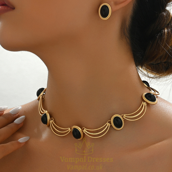 vintage Gemstone Inlay Earrings And Necklace Set