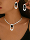 glossy Diamond-Studded Pendant Earrings With Long Necklace
