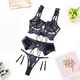 thin Embroidered Mesh Floral Bra Set With Garter