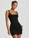 square Neck Sleeveless Lace-Up Pleated Bodycon Short Dress