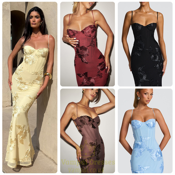 3D Embroidered Open Back Cross Tie Long Dress