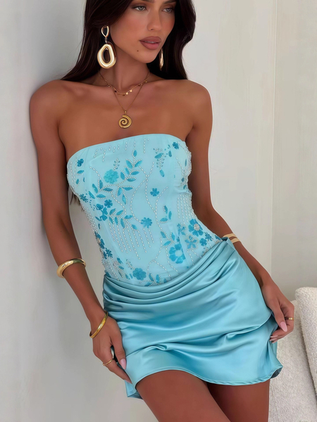 plant Print Strapless Rhinestone Pleated Satin Bodycon Dress