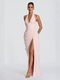 halter Deep V Neck Pleated Long Evening Gown