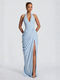 halter Deep V Neck Pleated Long Evening Gown