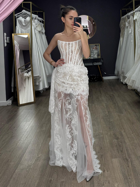 white strapless Lace Corset Long Gown Sheer Mesh Ruched Bodycon Dress