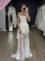 white strapless Lace Corset Long Gown Sheer Mesh Ruched Bodycon Dress
