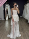 Weißes trägerloses Spitzen-Korsett-Langkleid, transparentes Mesh, gerafftes Bodycon-Kleid
