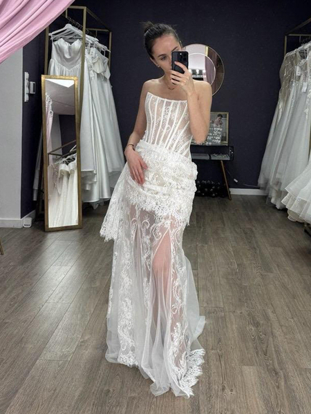Weißes trägerloses Spitzen-Korsett-Langkleid, transparentes Mesh, gerafftes Bodycon-Kleid