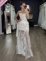 white strapless Lace Corset Long Gown Sheer Mesh Ruched Bodycon Dress