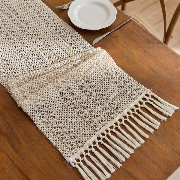 cream Rice Stitch Woven Table Runner With Tassels