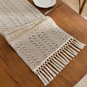 cream Rice Stitch Woven Table Runner With Tassels