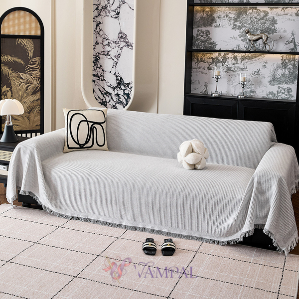 waffle Cotton Sofa Cover With Tassels Full Wrap