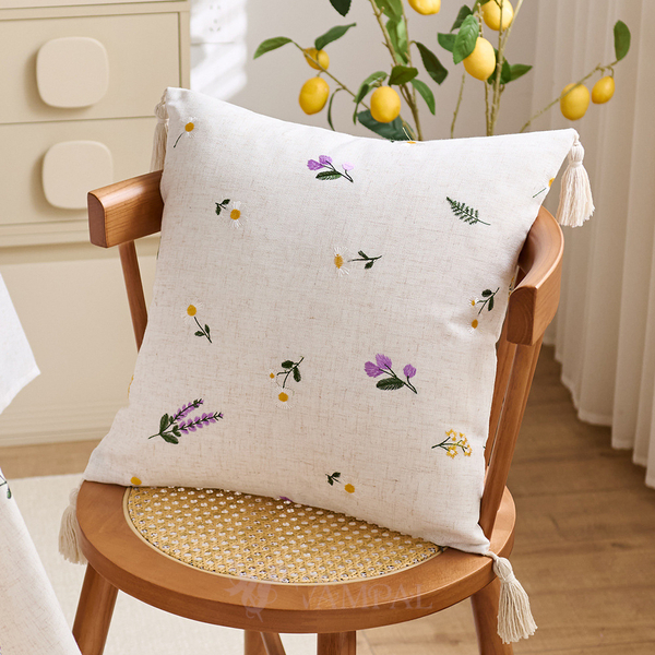 rustic Linen Lavender Floral Embroidered Throw Pillow Cover
