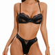lace And Satin Spliced Sheer Bra Set With T-Back