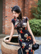 black printed Long Slim Retro Qipao Dress