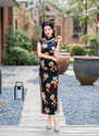 black printed Long Slim Retro Qipao Dress